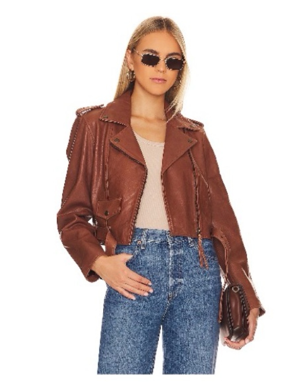 Cleobella Brown Cropped Leather Moto Jacket